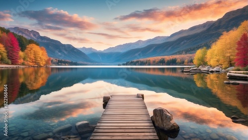 A wooden dock juts out into a calm lake, surrounded by snow-capped mountains. The sky is a gradient of purple, pink, and blue.

 photo