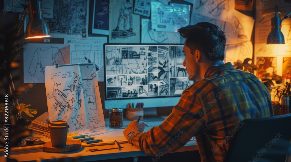 The Creative Designer works on a Storyboard, Evaluates Sketches and Concepts, Selects the Best Drawings for His Project. Video Editing, Comics Compilation, Application UI or Game Plot. The Creative Designer works on a Storyboard, Evaluates Sketches and Concepts, Selects the Best Drawings for His Project. Video Editing, Comics Compilation, Application UI or Game Plot.