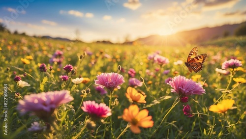 This is a nature scene of a meadow with many flowers of different colors, such as yellow, orange, white, and purple. There is a blue butterfly on a stalk near the center of the image, and the sun can  photo