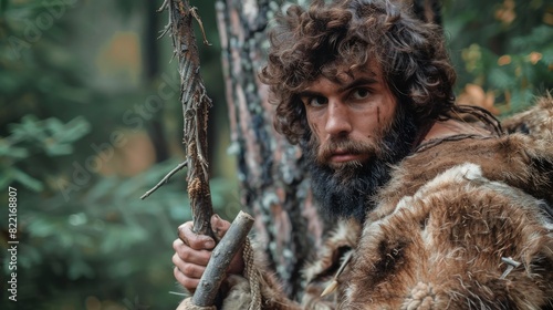 Hunting with a Stone Tipped Spear in the Prehistoric Forest by a Primeval Caveman in Animal Skins and Fur.