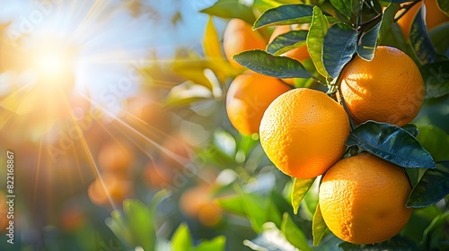 An oranges hanging from an orange tree, sunlight shining on them, blue sky in the background, green leaves.
 photo