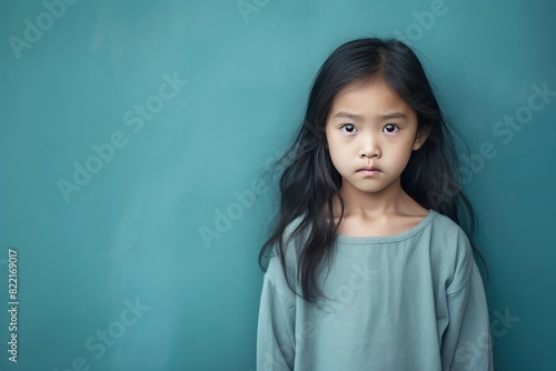 Aqua background sad Asian child Portrait of young beautiful in a bad mood child Isolated on Background, depression anxiety fear burn out health issue problem mental overstrained overwhelmed concept photo