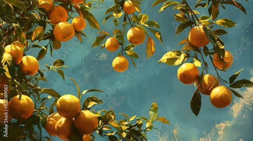 An oranges hanging from an orange tree, sunlight shining on them, blue sky in the background, green leaves. 