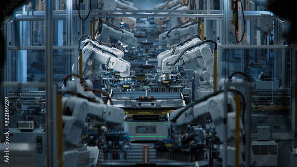 Row of White Robotic Arms at Automated Production Line at Factory. Electric Car Manufacturing Line Inside Automotive Smart Factory. Industrial Robot Arms Assemble Lithium-Ion EV Battery Pack. Row of White Robotic Arms at Automated Production Line at Factory. Electric Car Manufacturing Line Inside Automotive Smart Factory. Industrial Robot Arms Assemble Lithium-Ion EV Battery Pack.