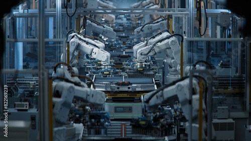 Row of White Robotic Arms at Automated Production Line at Factory. Electric Car Manufacturing Line Inside Automotive Smart Factory. Industrial Robot Arms Assemble Lithium-Ion EV Battery Pack.