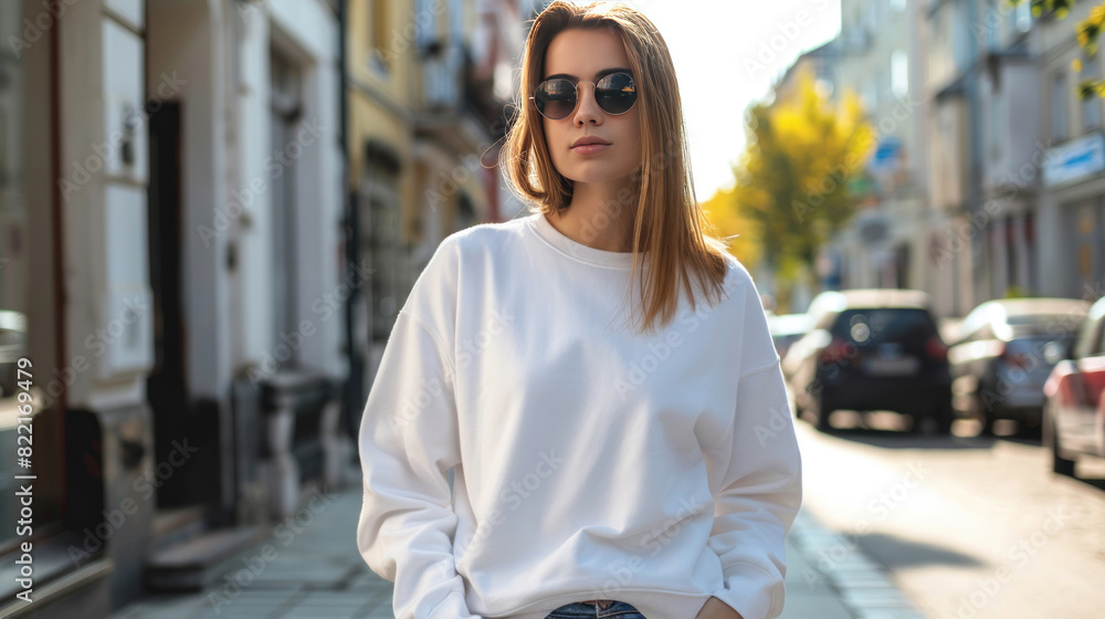 Obraz premium Mockup. Young woman wearing blank white crewneck sweatshirt in city street in sunny day. Mock up template for sweatshirt design, print area for logo or design.