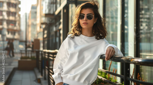 Mockup. Young woman wearing blank white crewneck sweatshirt in city street in sunny day. Mock up template for sweatshirt design, print area for logo or design.