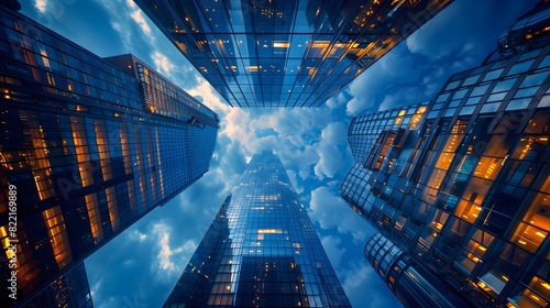 A tall office buildings taken from the ground looking up at night, clouds in sky, lights on inside buildings, symmetrical composition, blue tones.
 photo