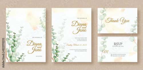 eucalyptus leaves painting on wedding invitation background