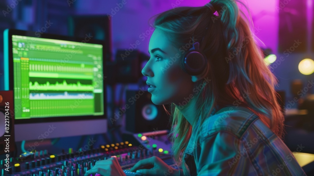 An aesthetically pleasing portrait of a female audio engineer/producer who uses computer, mixing board, and control desks in music recording studios. An aesthetically pleasing portrait of a female audio engineer/producer who uses computer, mixing board, and control desks in music recording studios.