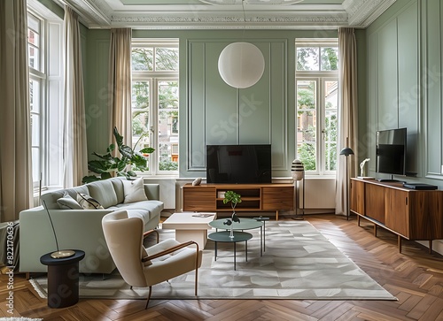 Photo of an elegant living room in the Netherlands  with a wood parquet floor and light green walls and a white ceiling
