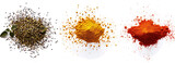 Set dried oregano leaves, red paprika powder and turmeric scattered powder pile isolated on white, top view