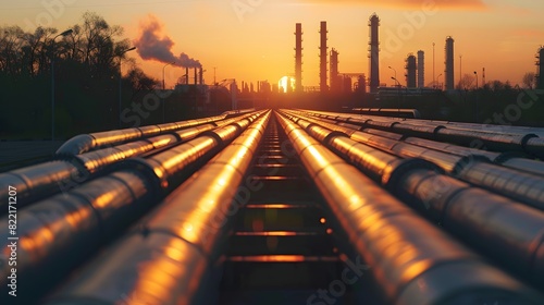 A row of oil pipes with an industrial plant in the background at sunset. 