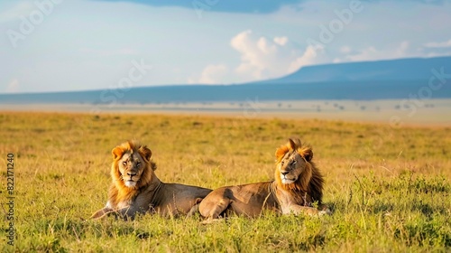 Pair of lions resting in the open plains of the Serengeti National Park