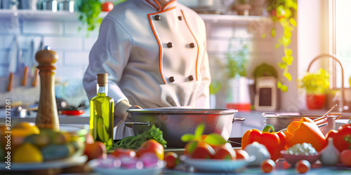 Cooking Up a Storm: A chef stands in a bright and colorful kitchen, surrounded by fresh ingredients and cookware