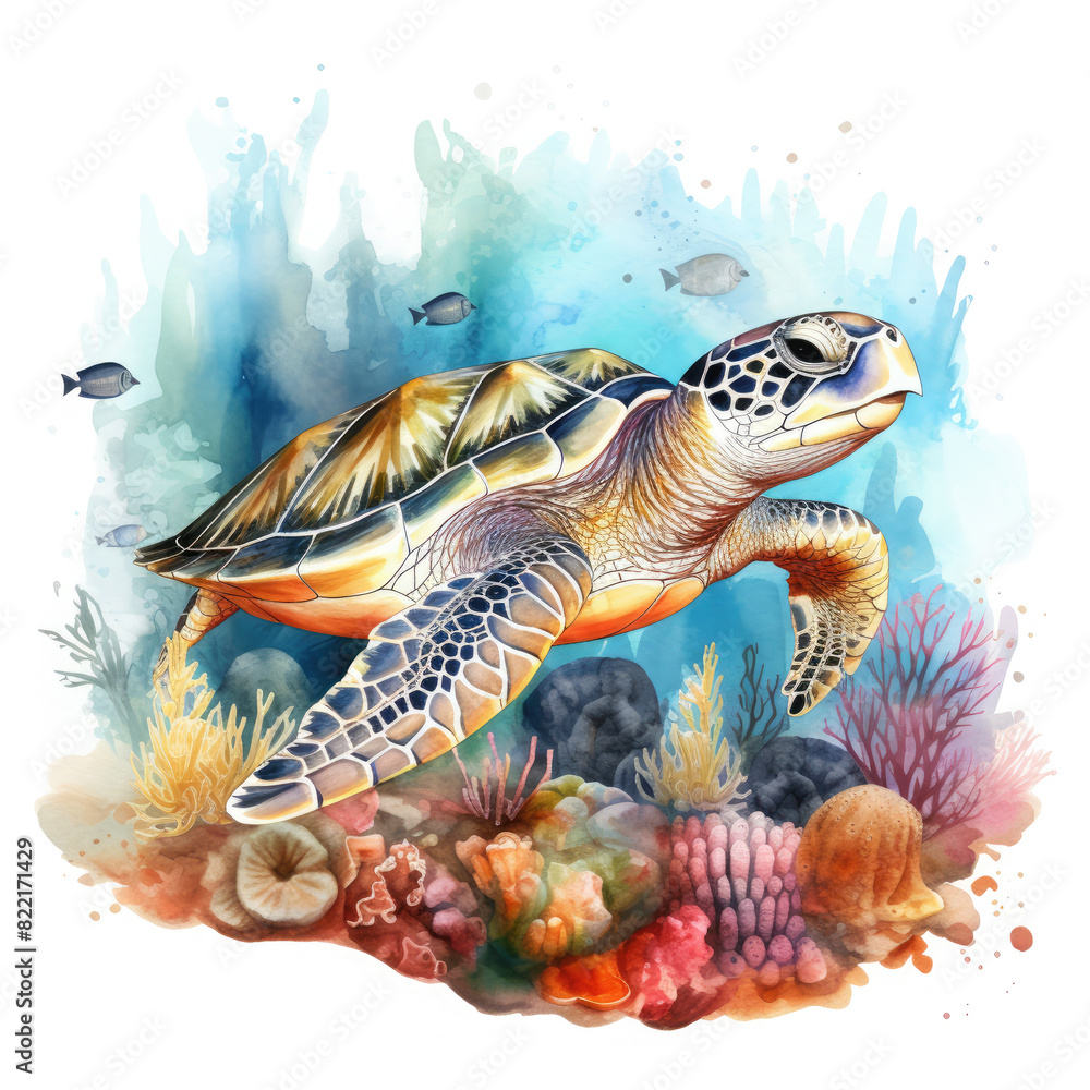 Obraz premium Watercolor Coral Reef Sea Turtle Fish, clipart Illustration, Generative Ai