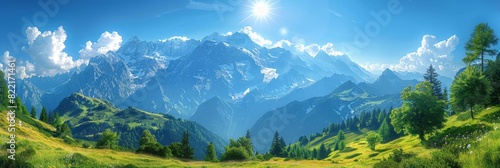 Majestic mountain landscape with lush green valley and dramatic clouds in bright sunlight
