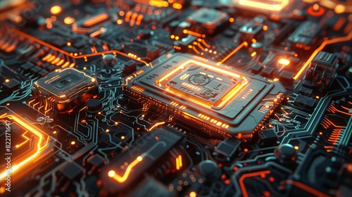 Glowing circuit board with a cpu for futuristic technology designs