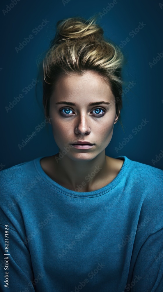 Azure background sad european white Woman realistic person portrait of young beautiful bad mood expression Woman Isolated on Background depression anxiety fear burn out health issue problem mental 