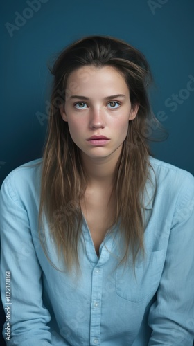 Azure background sad european white Woman realistic person portrait of young beautiful bad mood expression Woman Isolated on Background depression anxiety fear burn out health issue problem mental 