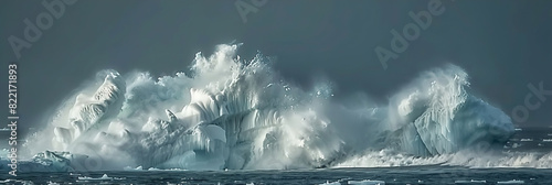 Massive iceberg calving event, with chunks of ice breaking off into ocean waters. photo