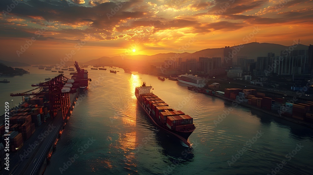 A cargo ship with containers docked at a port, showing an industrial logistics and transportation concept. A vibrant cityscape is seen in the background during sunset. 
