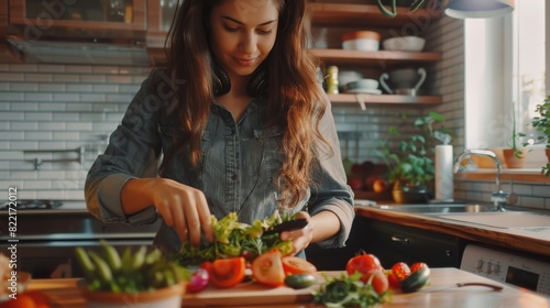 Beautiful Young Female Preparing a Healthy Organic Salad Meal in a Sunny Kitchen. She Wears Headphones and Sets Up Music on her Phone. Concept of Natural Clean Diet and Healthy Way of Life. © Антон Сальников