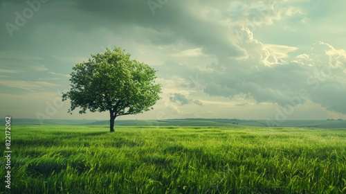 Single tree with bright spring greenery in a field of fresh grass.