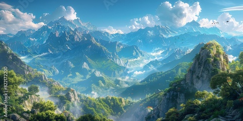 Majestic mountain landscape with lush green valley and dramatic clouds in bright sunlight 