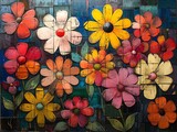 A vibrant composition of colorful, overlapping flowers creating a dynamic pattern on wood