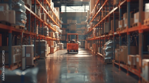 In a large retail warehouse, Pallet Trucks store goods on shelves along with cardboard boxes and packages. A forklift is driving in the background. Logistics and Distribution Facilities for Product