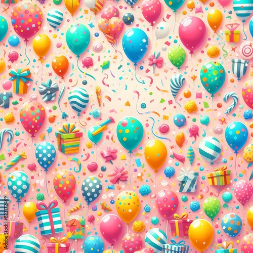 A vibrant illustration of a festive background filled with colorful balloons, confetti, and various gift boxes, perfect for party-themed stock imagery.