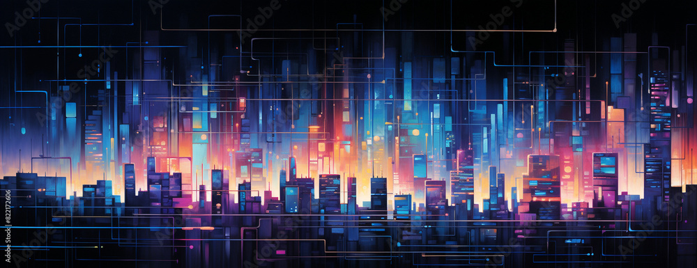 abstract colorful background with glitchy effect city view
