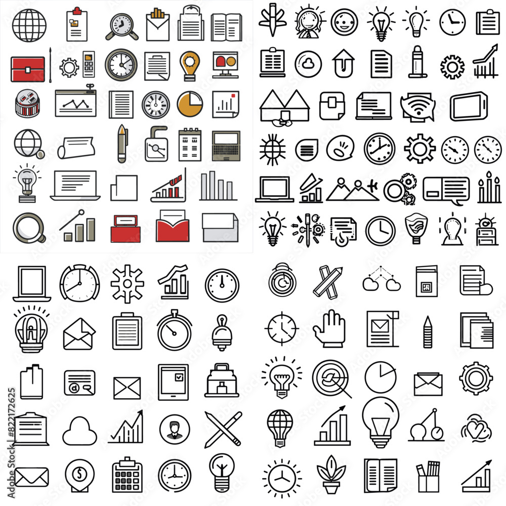 Collection of business, office, and productivity icons featuring communication, analytics, finance, technology, and workflow symbols in minimalist outline style. Perfect for corporate designs. Collection of business, office, and productivity icons featuring communication, analytics, finance, technology, and workflow symbols in minimalist outline style. Perfect for corporate designs.