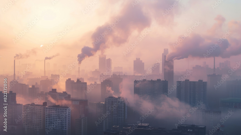 Smog covering a city skyline, illustrating urban air pollution. Smog covering a city skyline, illustrating urban air pollution.