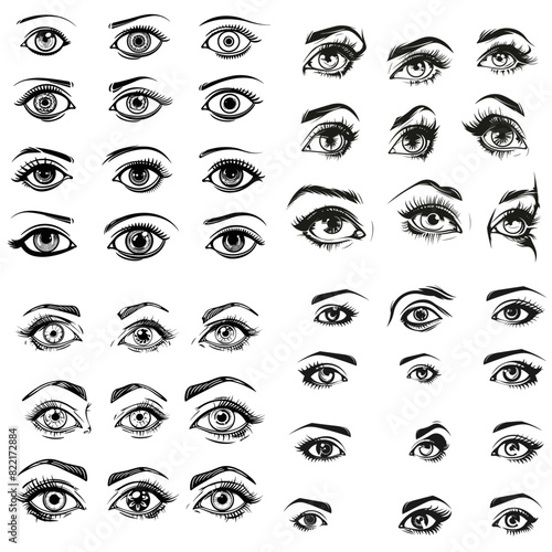 Set of different human eyes silhouette. Hand drawn Eyebrow vector illustration