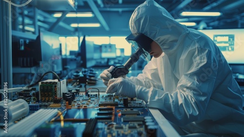 Developing high-tech modern electronics in a major research factory cleanroom with engineers wearing coveralls and gloves inspecting motherboard components with microscopes