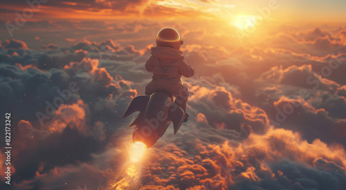 A child wearing a spacesuit rides a rocketship high above fluffy clouds, heading towards a vibrant sunset in a whimsical, imaginative setting.