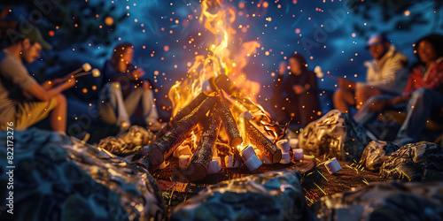 The Great Outdoors: A group of friends gather around a campfire, roasting marshmallows and enjoying the stars above