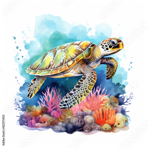 Watercolor Coral Reef Sea Turtle Fish, clipart Illustration, Generative Ai