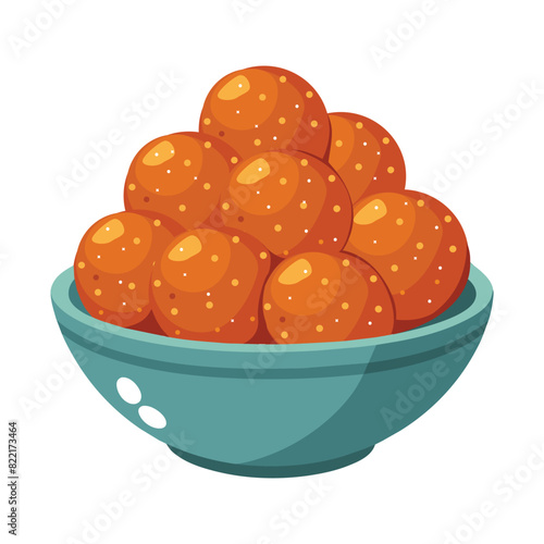 Oliebollen. Dutch traditional doughnut with sugar. Typical fried sweet dessert for New Year celebration. Vector cartoon illustration.