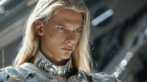 10h humanoid man long blond hair blue eyes perfect face and skin in silver suit