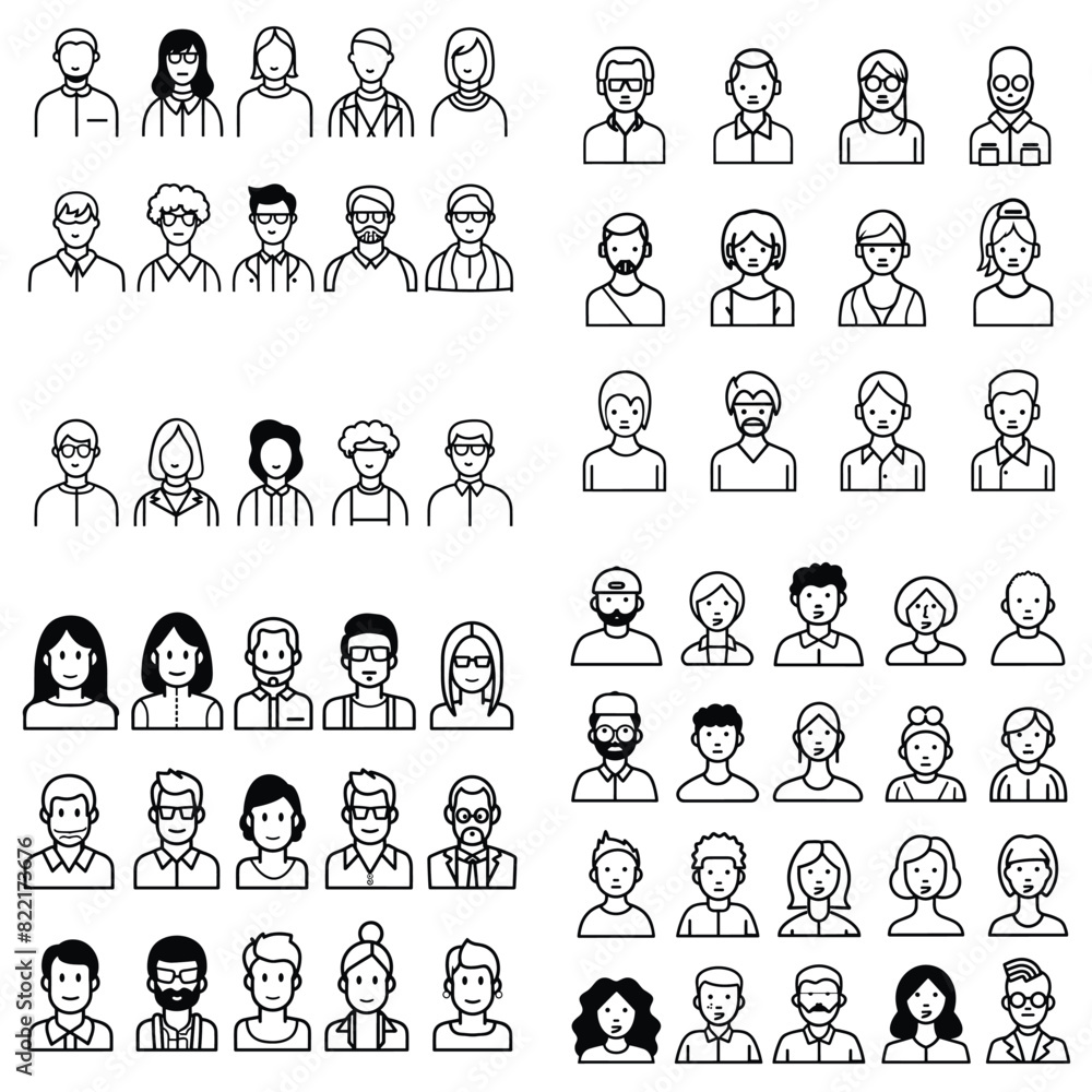 Set of Avatar person in cartoon style black white character Set of Avatar person in cartoon style black white character