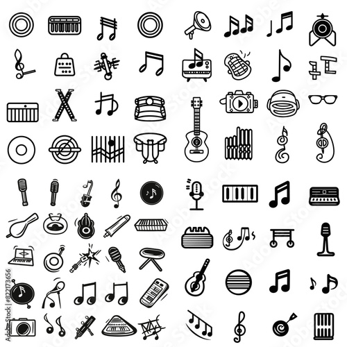 Musical icons set. musical filled icons such as microphone, bass clef, music note, cassette, tonometer, xylophone, harmonica, guitar, harmonic