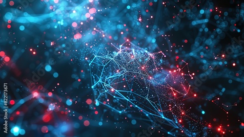 Abstract tech background with interconnected cyber cells and artificial neural connections, showcasing a quantum computing network system and global electronic intelligence. © lisa