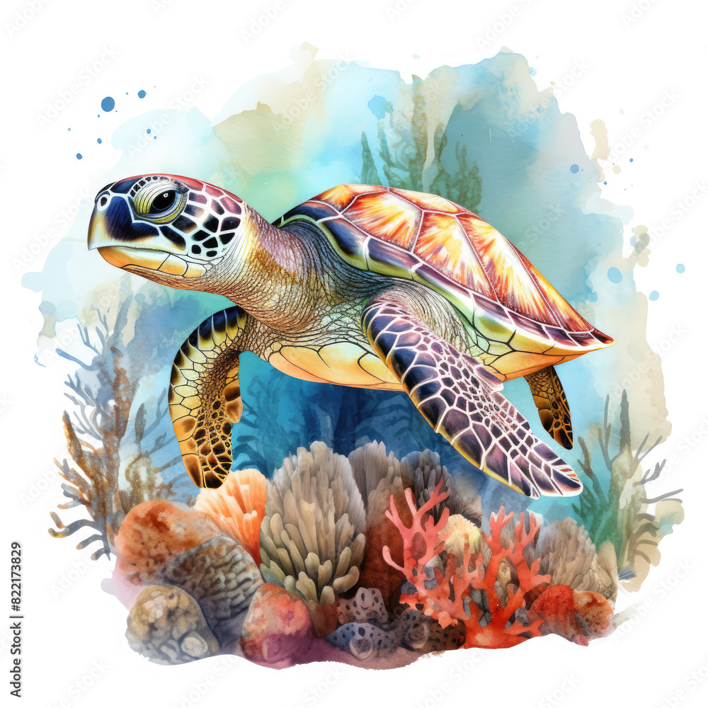 Fototapeta premium Watercolor Coral Reef Sea Turtle Fish, clipart Illustration, Generative Ai