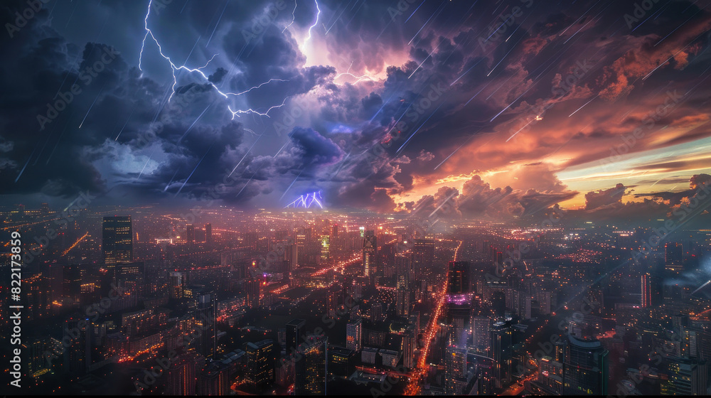 Obraz premium Urban landscape shining brightly amidst flashes of lightning overhead, showcasing the mesmerizing contrast between cityscape radiance and stormy skies.