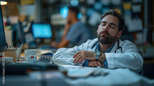 Doctor Resting in Hospital Office: A Realistic Depiction of Medical Professional s Strain and Fatigue during Long Shifts photo