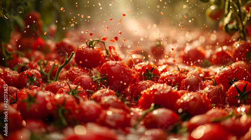 Close-up of tomatoes splashing during La Tomatina festival. Copy space 