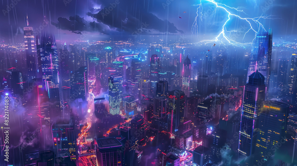 Vibrant city lights contrasted by flashes of lightning in the night sky, creating a captivating scene that merges urban vibrancy with the power of nature. Vibrant city lights contrasted by flashes of lightning in the night sky, creating a captivating scene that merges urban vibrancy with the power of nature.